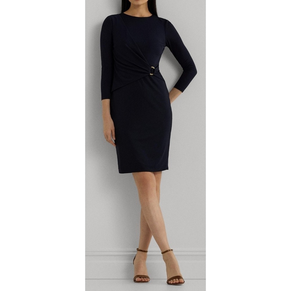 New Lauren Ralph Lauren Womens Size 8 Navy Blue Jersey 3/4 Sleeve Sheath Dress